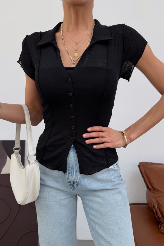 Dikiş Detaylı Polo Yaka Bluz Siyah