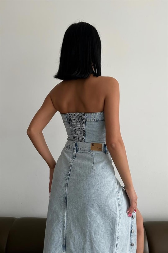 Düğmeli Denim Straplez Buz Mavi