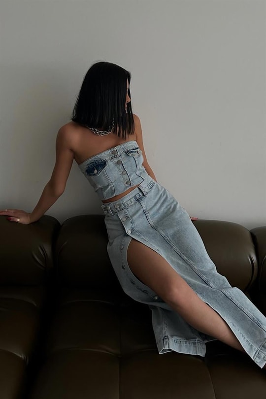 Düğmeli Denim Straplez Buz Mavi