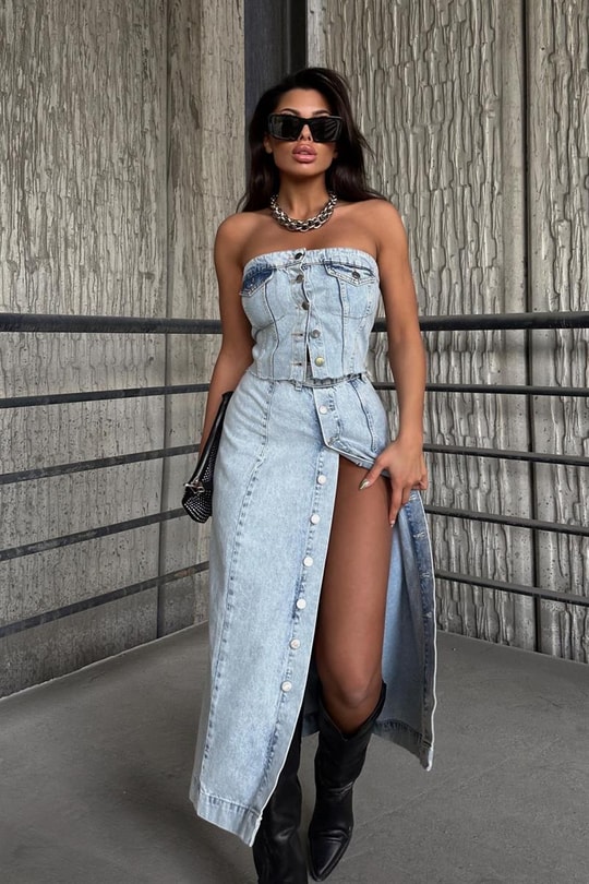 Düğmeli Denim Straplez Buz Mavi