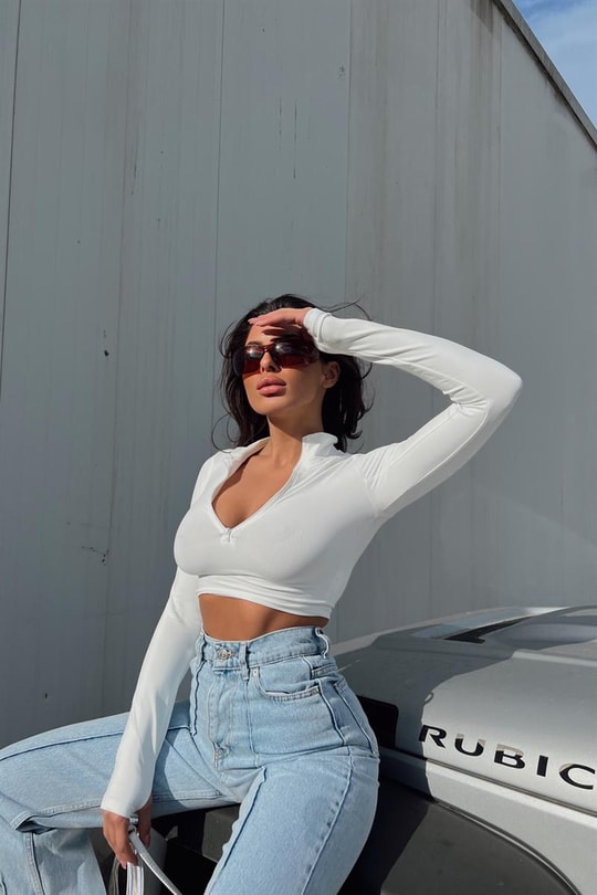 Fermuarlı Dik Yaka Crop Bluz Beyaz