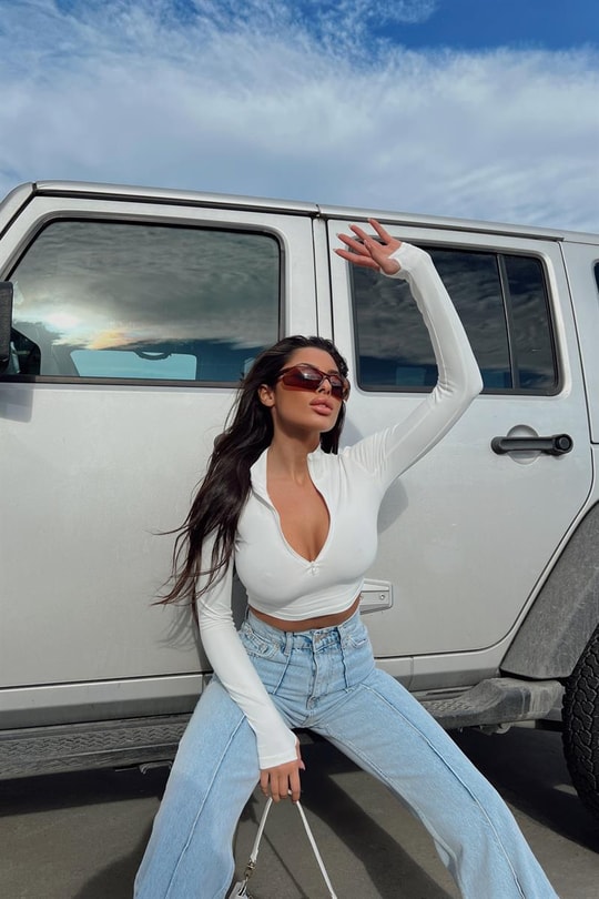 Fermuarlı Dik Yaka Crop Bluz Beyaz