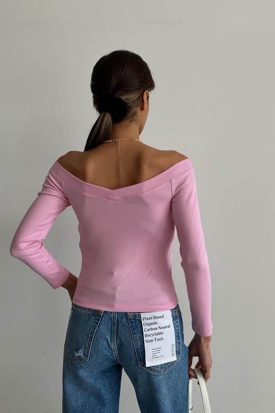 Geniş V Yaka Fitilli Bluz Şeker Pembe