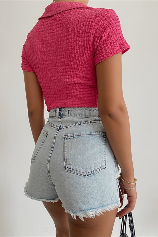 Gofre Crop Bluz Fuşya