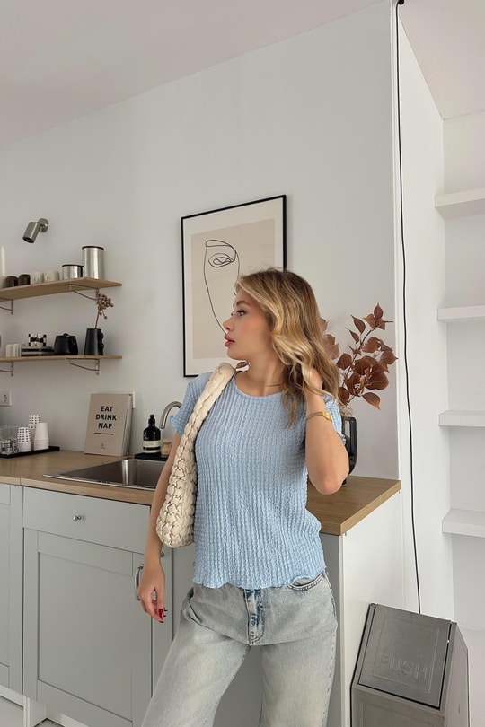 Gofre Kısa Kol Bluz Bebe Mavi