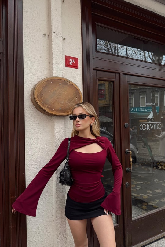 Göğüs Dekolteli Sandy Bluz Bordo