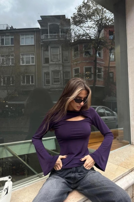 Göğüs Dekolteli Sandy Bluz Mürdüm