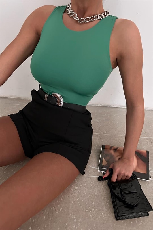Halter Yaka Basic Crop Bluz Yeşil