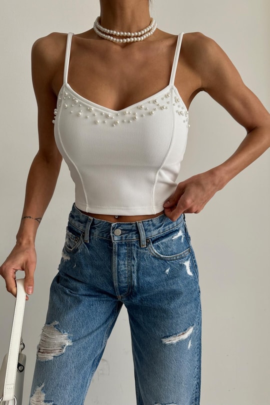 İnci Detaylı Askılı Crop Beyaz