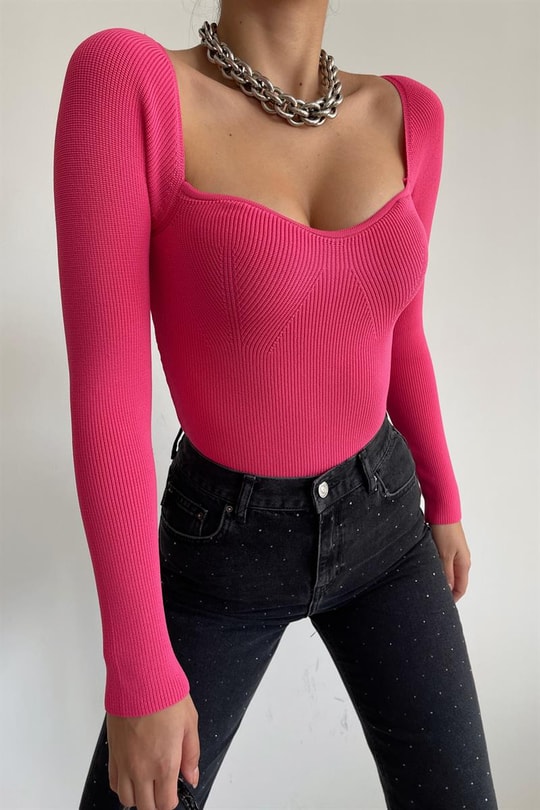 Kalp Yaka Triko Bluz Pembe