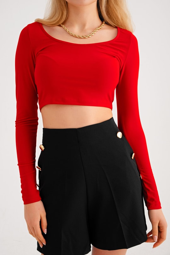 Kare Yaka Basic Bluz Kırmızı