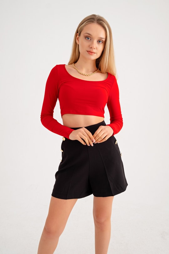 Kare Yaka Basic Bluz Kırmızı
