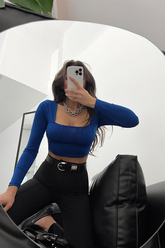 Kare Yaka Korsaj Bluz Saks Mavisi