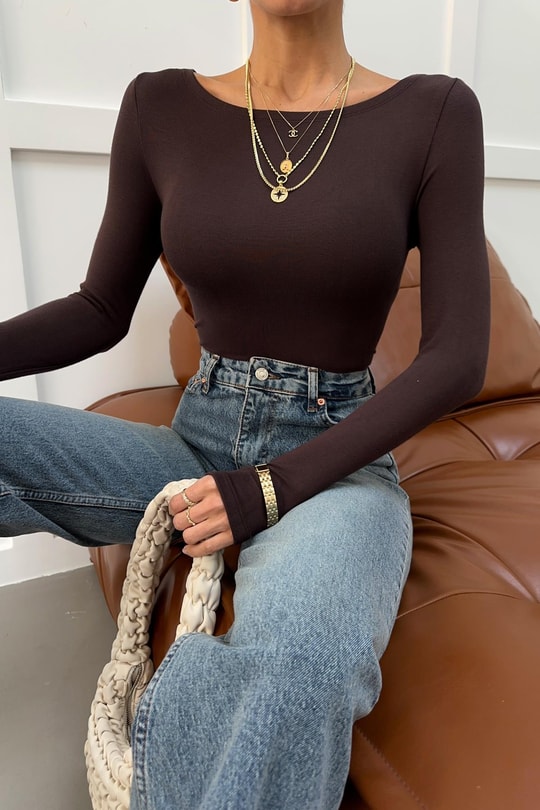 Kayık Yaka Basic Modal Bluz Acı Kahve