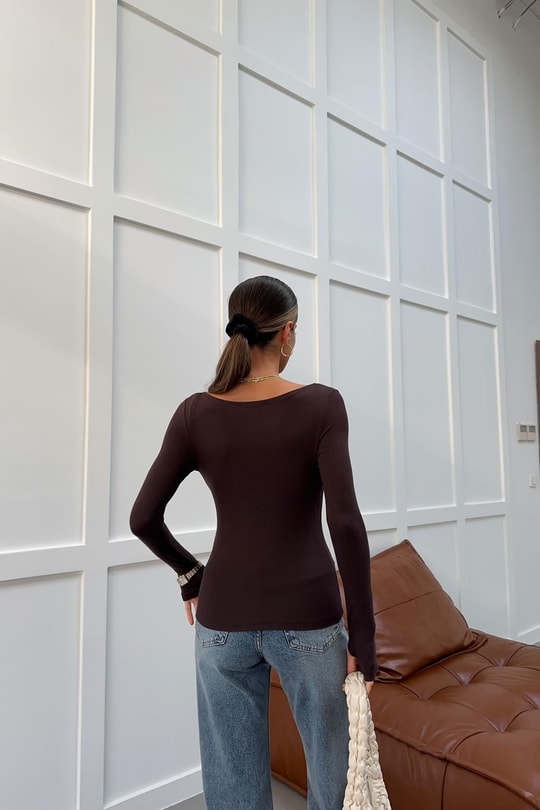 Kayık Yaka Basic Modal Bluz Acı Kahve