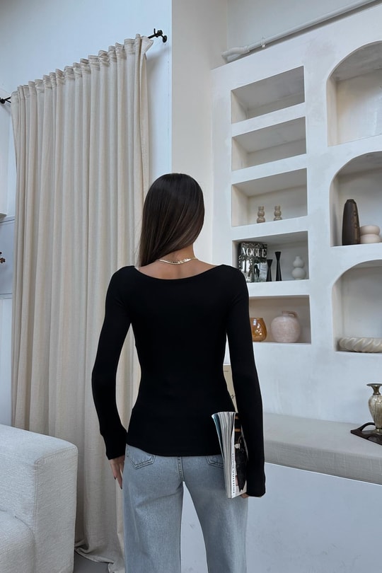 Kayık Yaka Basic Modal Bluz Siyah