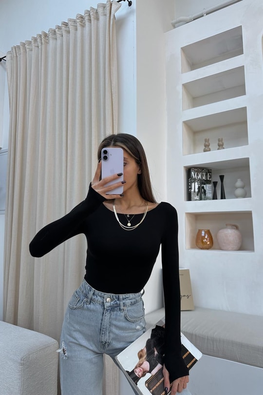 Kayık Yaka Basic Modal Bluz Siyah