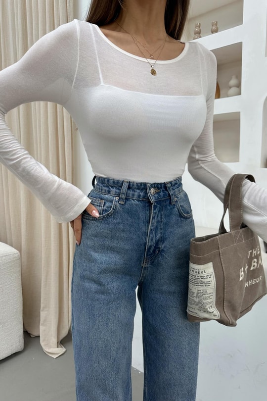 Kayık Yaka Kaşmir Body Ekru