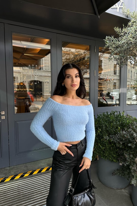 Kayık Yaka Yumoş Bluz Bebe Mavi