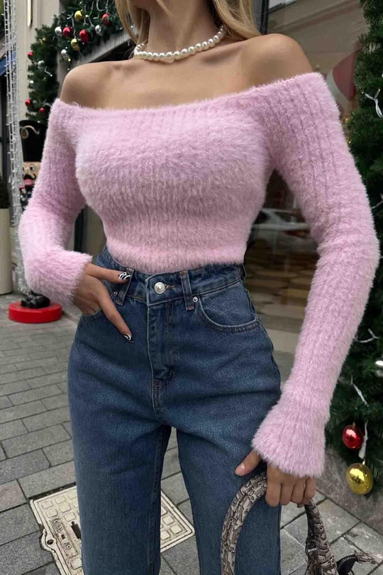 Kayık Yaka Yumoş Bluz Pembe