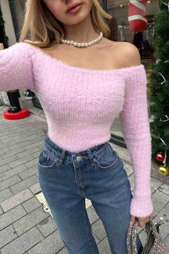 Kayık Yaka Yumoş Bluz Pembe