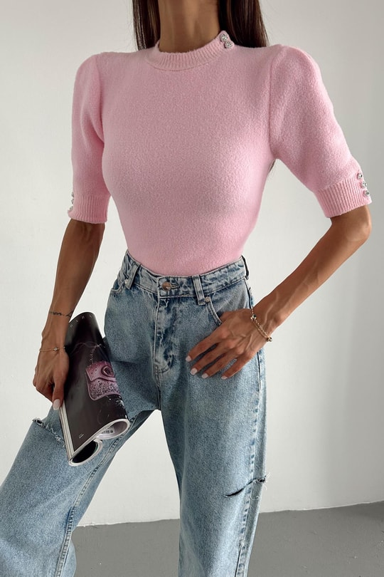 Kol Düğmeli Peluş Bluz Pembe