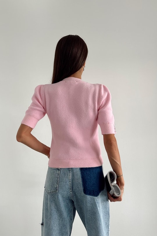 Kol Düğmeli Peluş Bluz Pembe