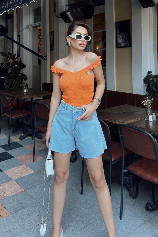 Kol Fırfırlı Gipeli Bluz Oranj