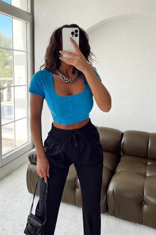 Korsaj Dikişli Bluz Mavi