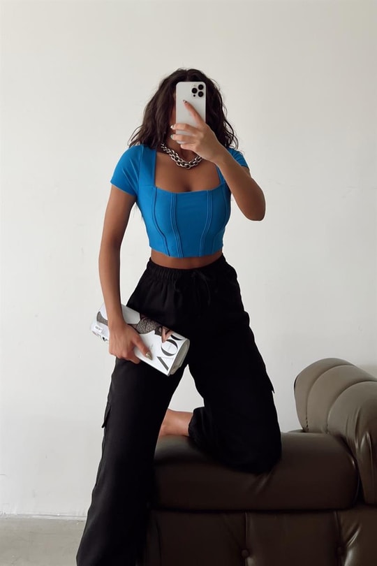 Korsaj Kısa Kollu Crop Bluz Mavi
