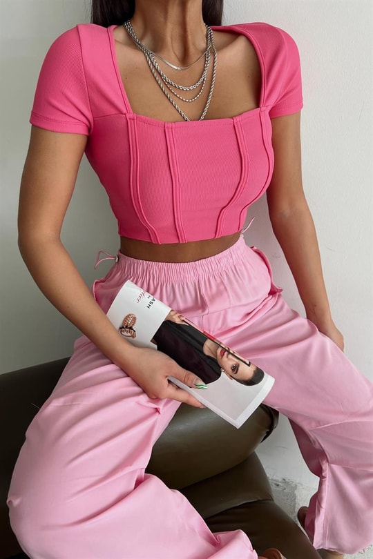 Korsaj Kısa Kollu Crop Bluz Pembe