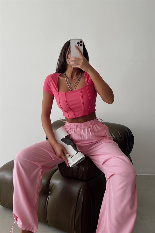 Korsaj Kısa Kollu Crop Bluz Pembe