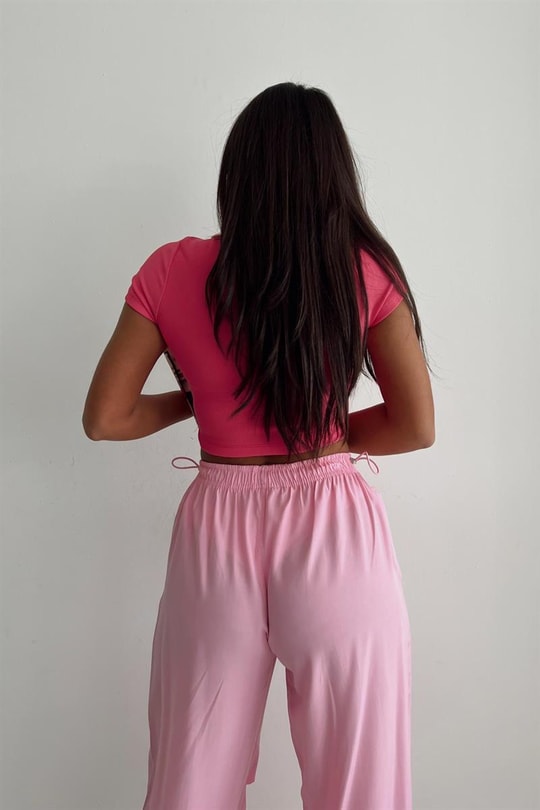 Korsaj Kısa Kollu Crop Bluz Pembe
