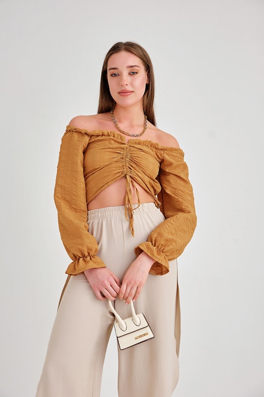 Krinkıl Balon Kollu Bluz Camel