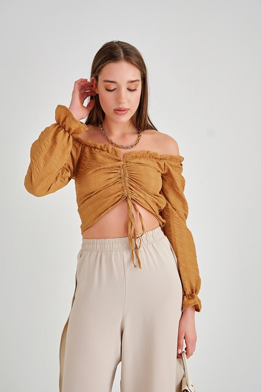 Krinkıl Balon Kollu Bluz Camel