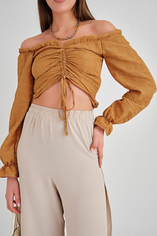 Krinkıl Balon Kollu Bluz Camel