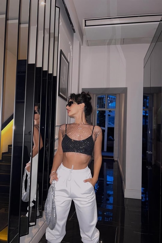 Kristal Taşlı File Bluz Siyah