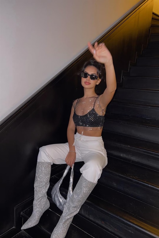 Kristal Taşlı File Bluz Siyah