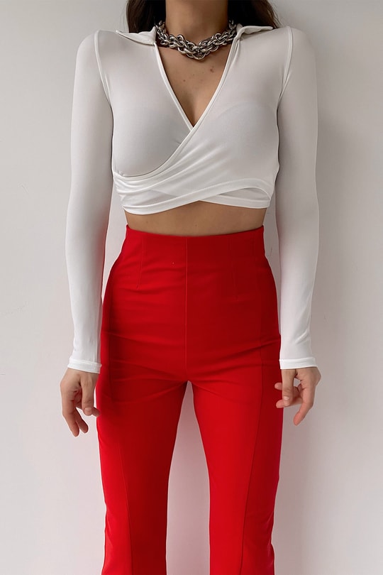 Kruvaze Crop Bluz Beyaz