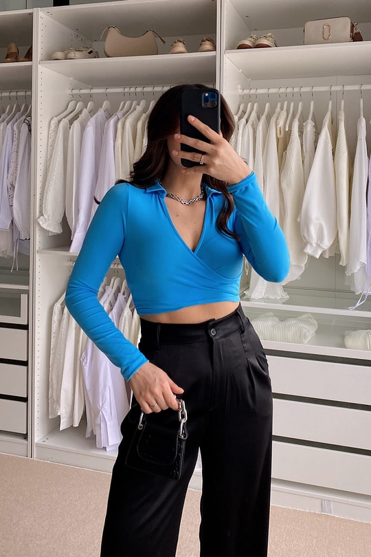 Kruvaze Crop Bluz Mavi