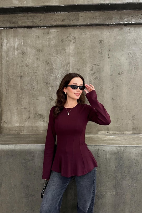 Kuplu Peplum Modal Body Bordo