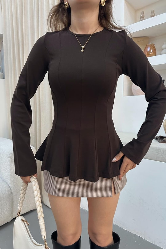 Kuplu Peplum Modal Body Kahve