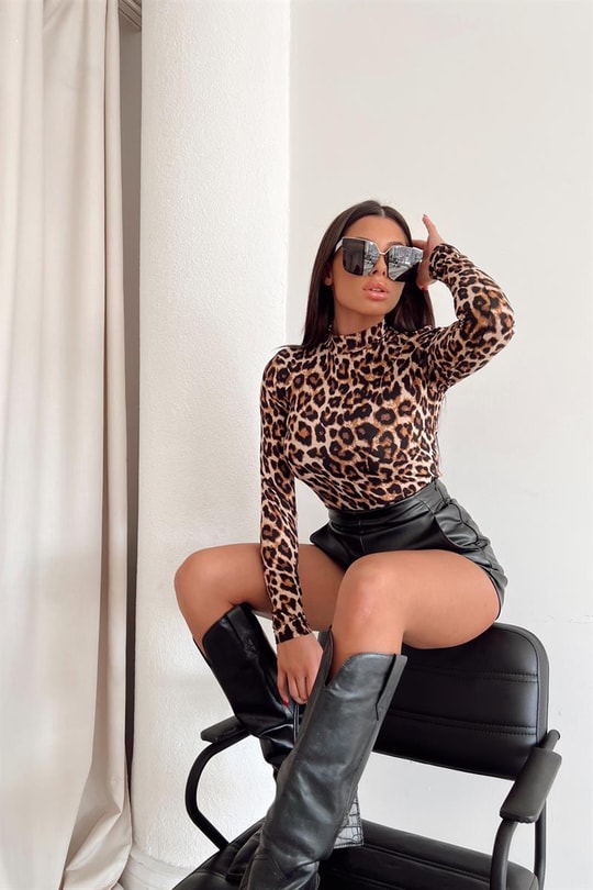 Leopar Desen Dik Yaka Bluz Kahverengi