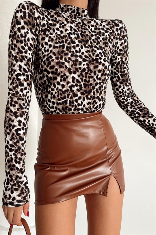 Leopar Desenli Bluz Kahverengi