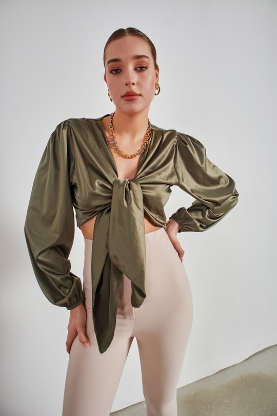 Luxury Bağlamalı Saten Bluz Haki