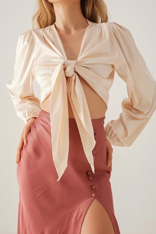 Luxury Bağlamalı Saten Bluz Krem
