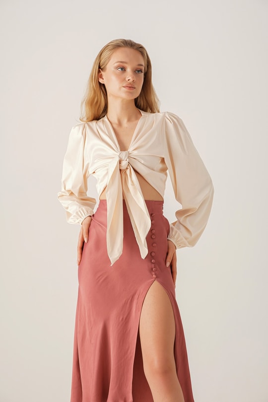 Luxury Bağlamalı Saten Bluz Krem