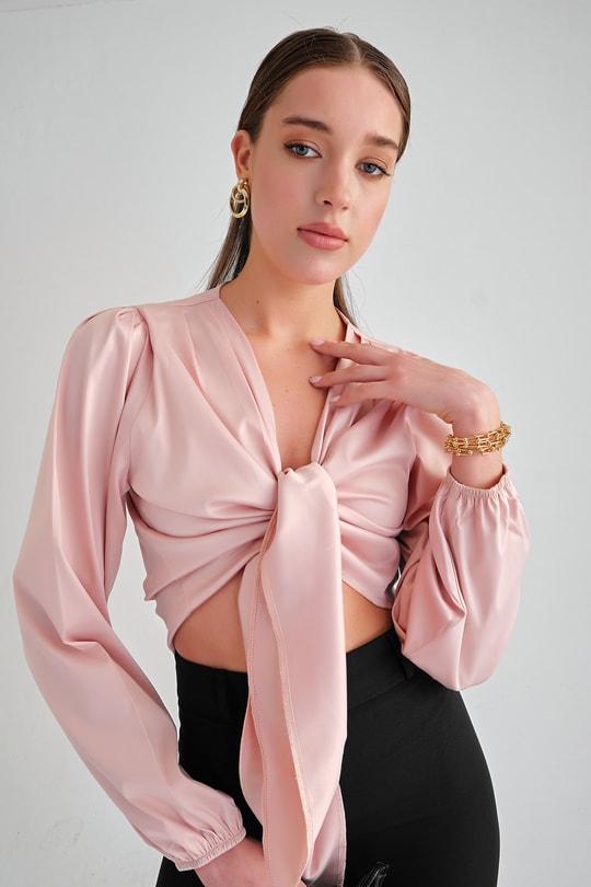 Luxury Bağlamalı Saten Bluz Pudra