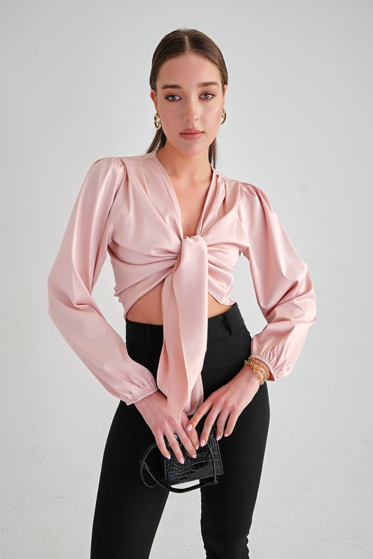 Luxury Bağlamalı Saten Bluz Pudra