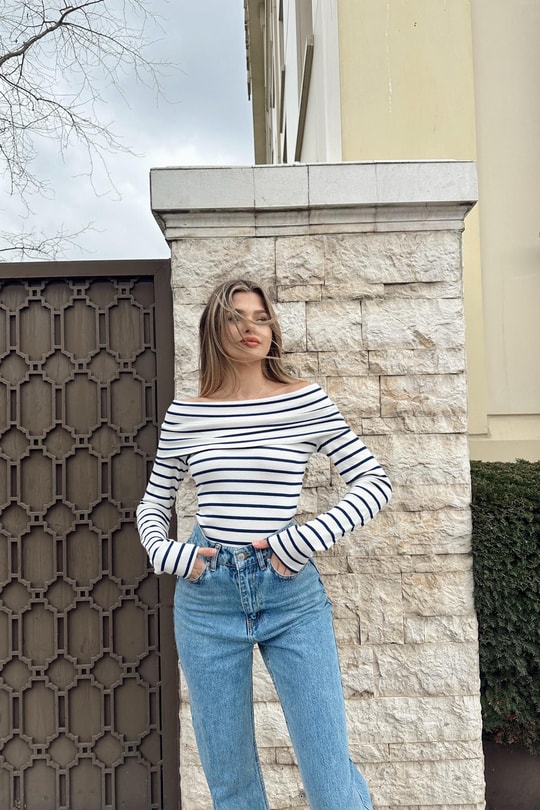 Madonna Çizgili Bluz Lacivert